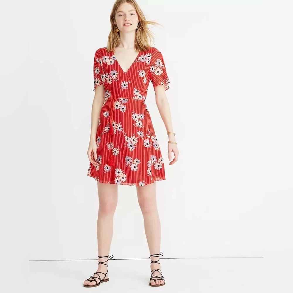 Madewell Red Daisy Society Floral Faux Wrap Mini Dress